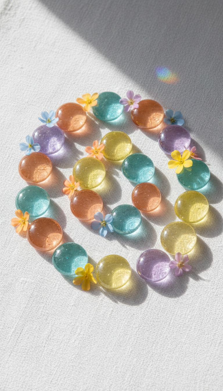 A vividly colored arrangement of round, translucent glass stones in playful hues of peach, aqua, lemon yellow, and lavender, neatly set on a softly textured white linen cloth. Around the stones, small, whimsical wildflowers in coordinating bright shades create an energetic, uplifting vignette. Natural daylight filters in from the left, illuminating the stones and casting gentle, prismatic reflections across the surface. The composition utilizes a slightly elevated angle with the stones forming a loose spiral, suggesting movement and vitality. The atmosphere is joyful and inviting, rendered in crisp photographic realism with a focus on bright colors and rounded forms to embody the site's playful personality and theme of enhanced energy.